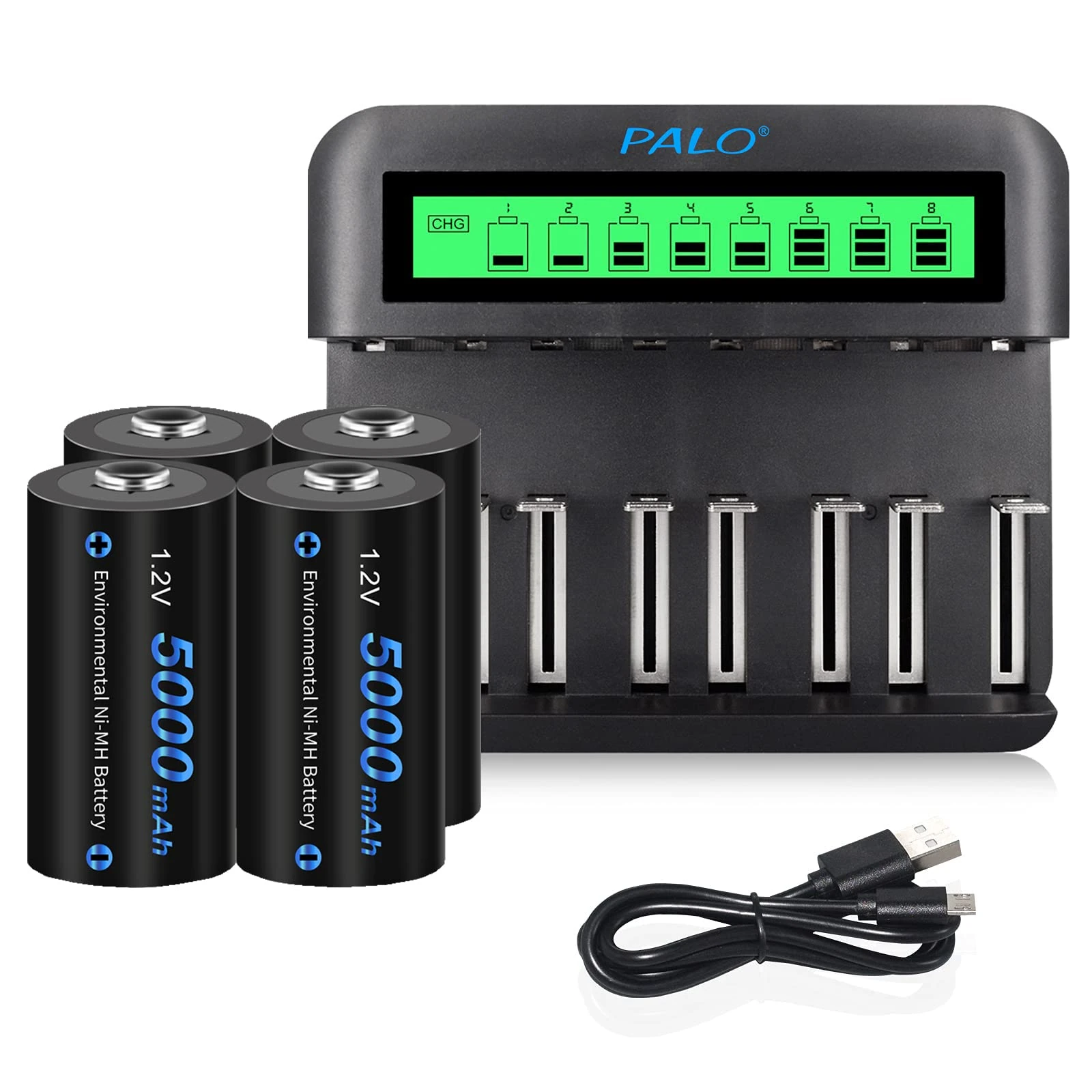 CITYORK Battery LCD Charger Set- For AA AAA C D Rechargeable Batteries Ni-MH/Ni-Cd Rechargeable-Batteries - with Ni-MH C 5000mAh rechargeable Batteries(4 Pack)