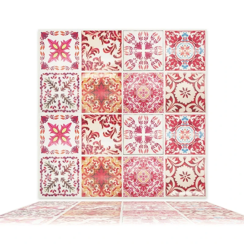 WALPLUS 48 Sheets 15cm(6") Moroccan Rose Red Mosaic Glossy 3D Wall Tile Stickers Splashbacks Vinyl Stick on Tiles Splashback Peel and Stick Bathroom Kitchen Decor Tile Paint