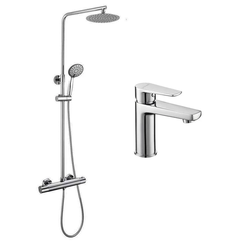 ROU Thermostatic Shower Column Set + AST Basin Tap - Adjustable Tube Height from 80 to 120 cm - Chrome Gloss