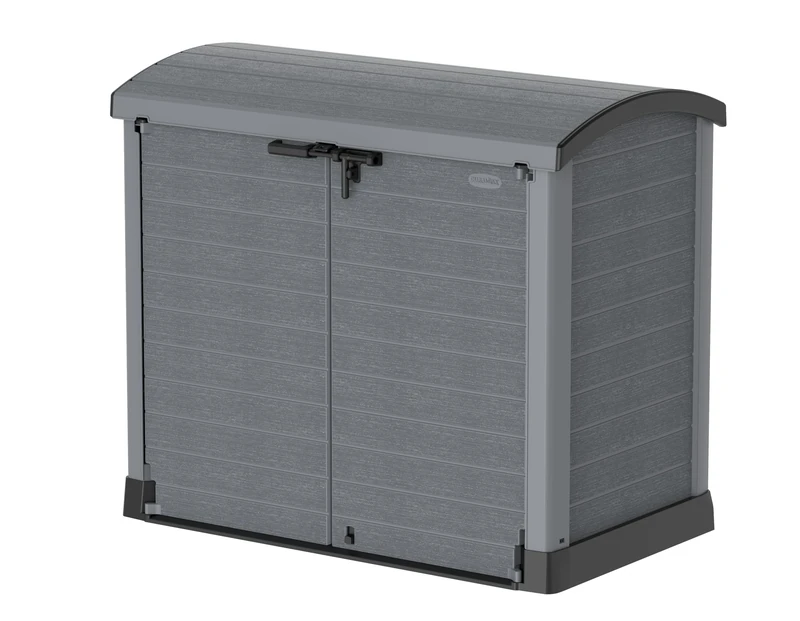 Duramax Cedargrain StoreAway 1200L Plastic Garden Storage Shed/ Arc Lid, Outdoor Storage, Wheelie bin box, Durable Construction– Ideal for Tools, Bikes, BBQs & 2x 240L Bins, 145x85x125 cm, Grey