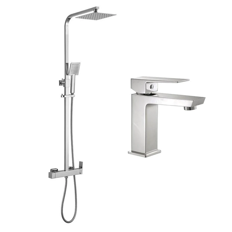 Che Single Lever Shower Column Set Plus Che Sink tap. Extendible Extra-Flat Tube Adjustable in Height from 73 to 122 cm. Shiny Chrome