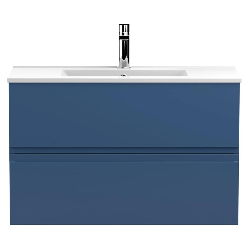 Hudson Reed URB306B Urban Modern Bathroom Wall Hung Vanity Basin Unit with 2 Soft Close Drawers and Ceramic 18mm Profile Sink, 800mm, Satin Blue