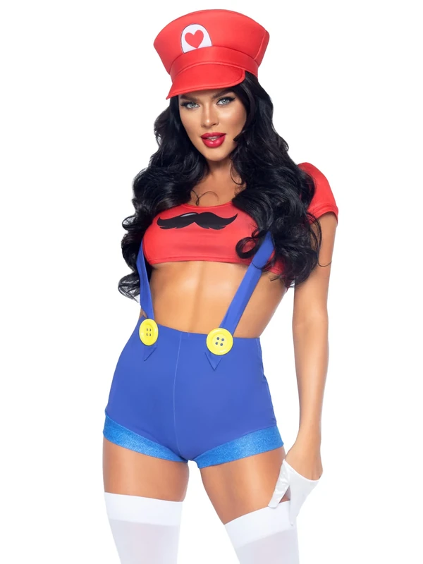 Leg Avenue Women's 3 Pc Sexy Gamer Babe Costume with Crop Top, Suspender Shorts, Hat, Red/Blue, Medium