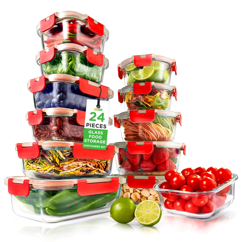 Nutrichef Glass Containers with Lids 24 Pack Meal Prep Containers – Airtight, Leakproof, Freezer to Oven Safe, Microwave & Dishwasher Safe, Glass Lunch & Food Storage (Red)