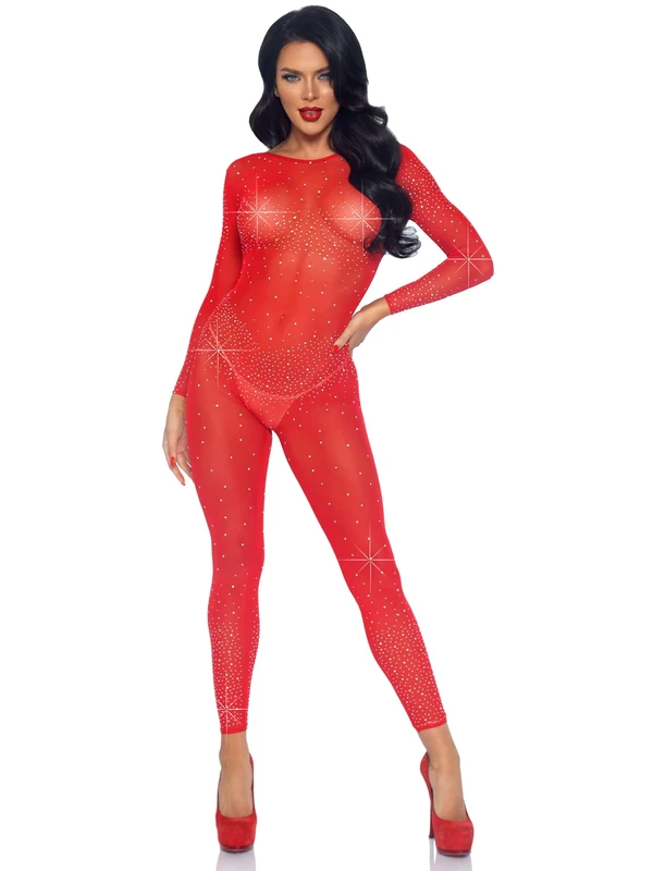 LEG AVENUE Sheer Rhinestone Bodysuit Red S