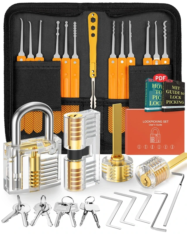 EVENTRONIC Lock Picking Kit, 32-Piece Lock Pick Set with 4 Transparent Training Locks and Manual and Zip Case for Lockpicking, Extractor Tool for Beginner and Locksmith Training(Orange)