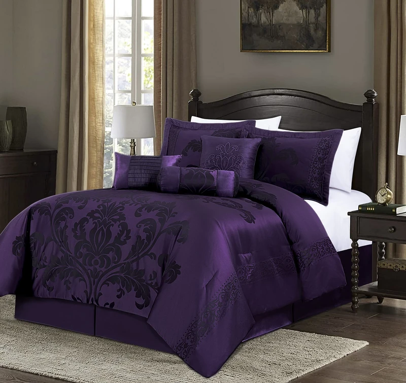 Chezmoi Collection 7-Piece Jacquard Floral Comforter Set (King, Purple/Dark Purple)