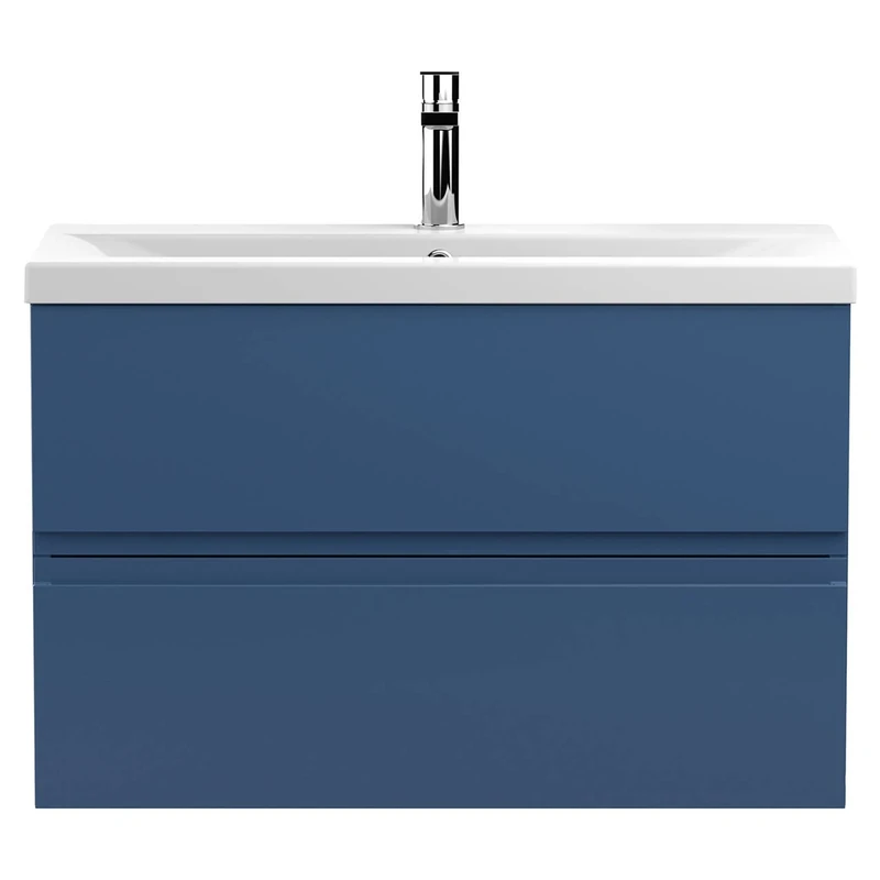 Hudson Reed URB306A Urban Modern Bathroom Wall Hung Vanity Basin Unit with 2 Soft Close Drawers and Ceramic 40mm Profile Sink, 800mm, Satin Blue