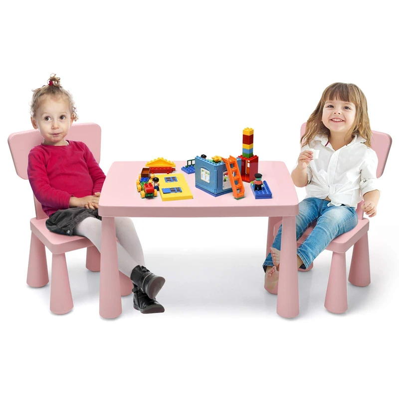 COSTWAY 3-Piece Children's Furniture Set, Children's Table Set, Children's Table with 2 Chairs, Children's Furniture Made of Plastic, Children's Place Mat for Nursery and Children's Room (Pink)