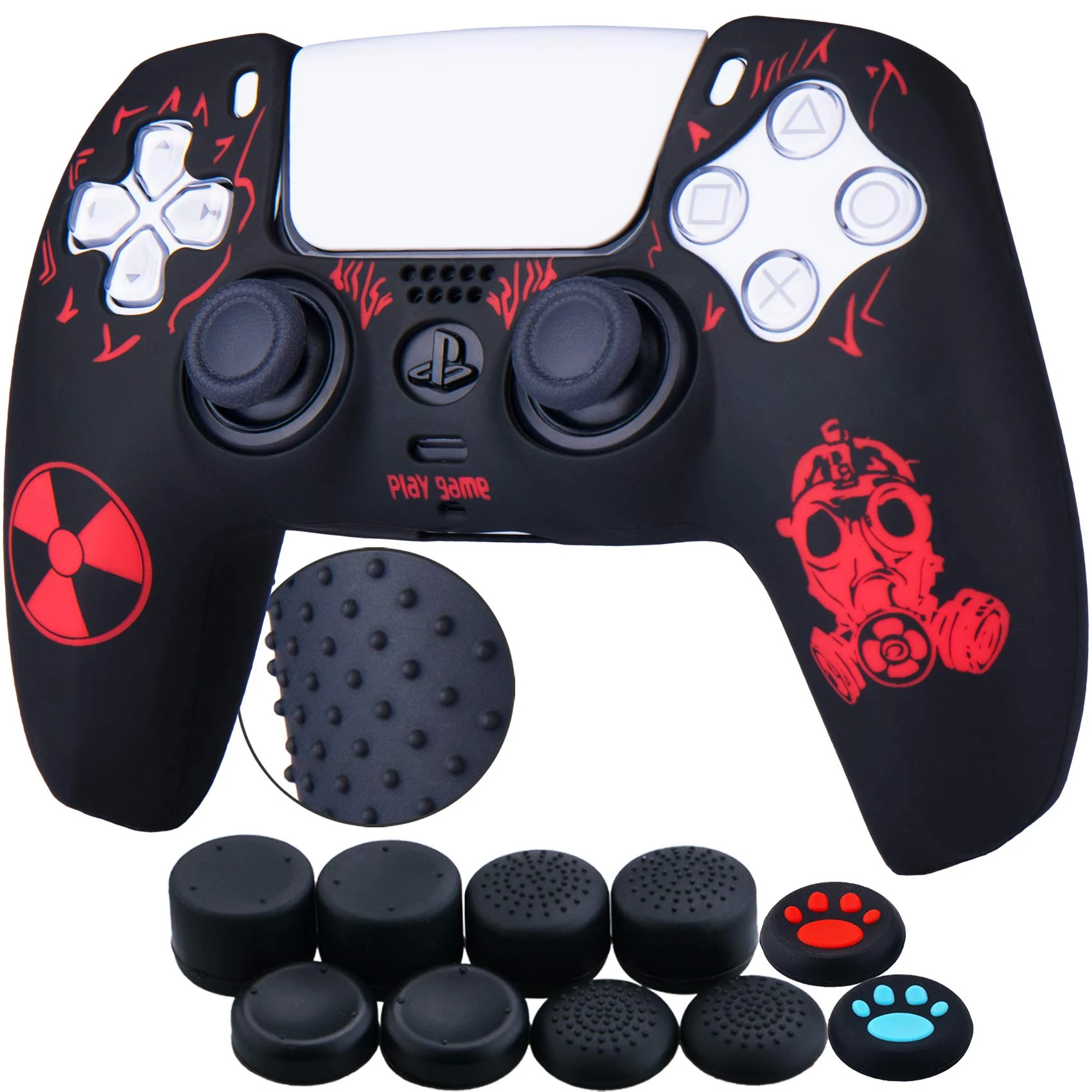 YoRHa Silicone Rubber Back Dots Carving Customizing Skin Cover for PS5 Dualsense Controller x 1(Radiation Red) with Pro Thumb Grips x 10