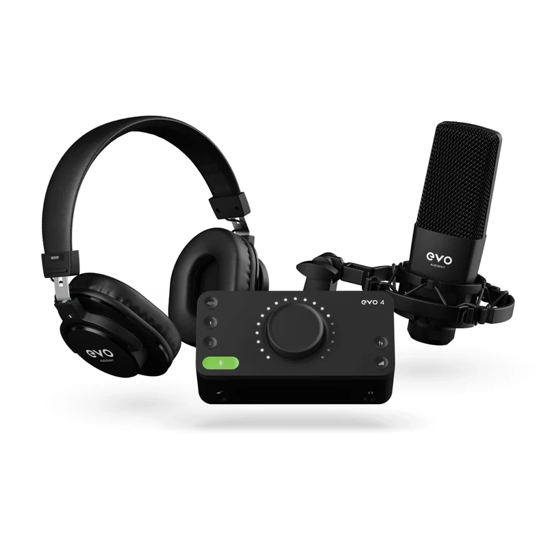 EVO Start Recording Bundle (EVO 4 audio interface, SR1 large diaphragm condenser microphone, SR2000 closed studio headphones, a microphone spider and an XLR connection cable), Black - Image 1