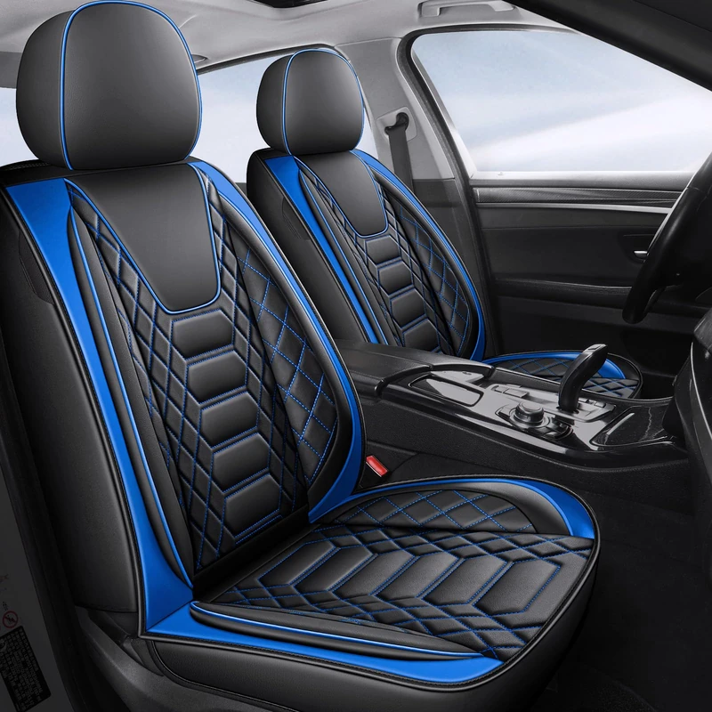 FREESOO Car Seat Covers Leather Seat Cover Full Set Automotive Seat Cover Protector Accessories Airbag Compatible Universal Fit for 5 Seats (Black Blue 8)