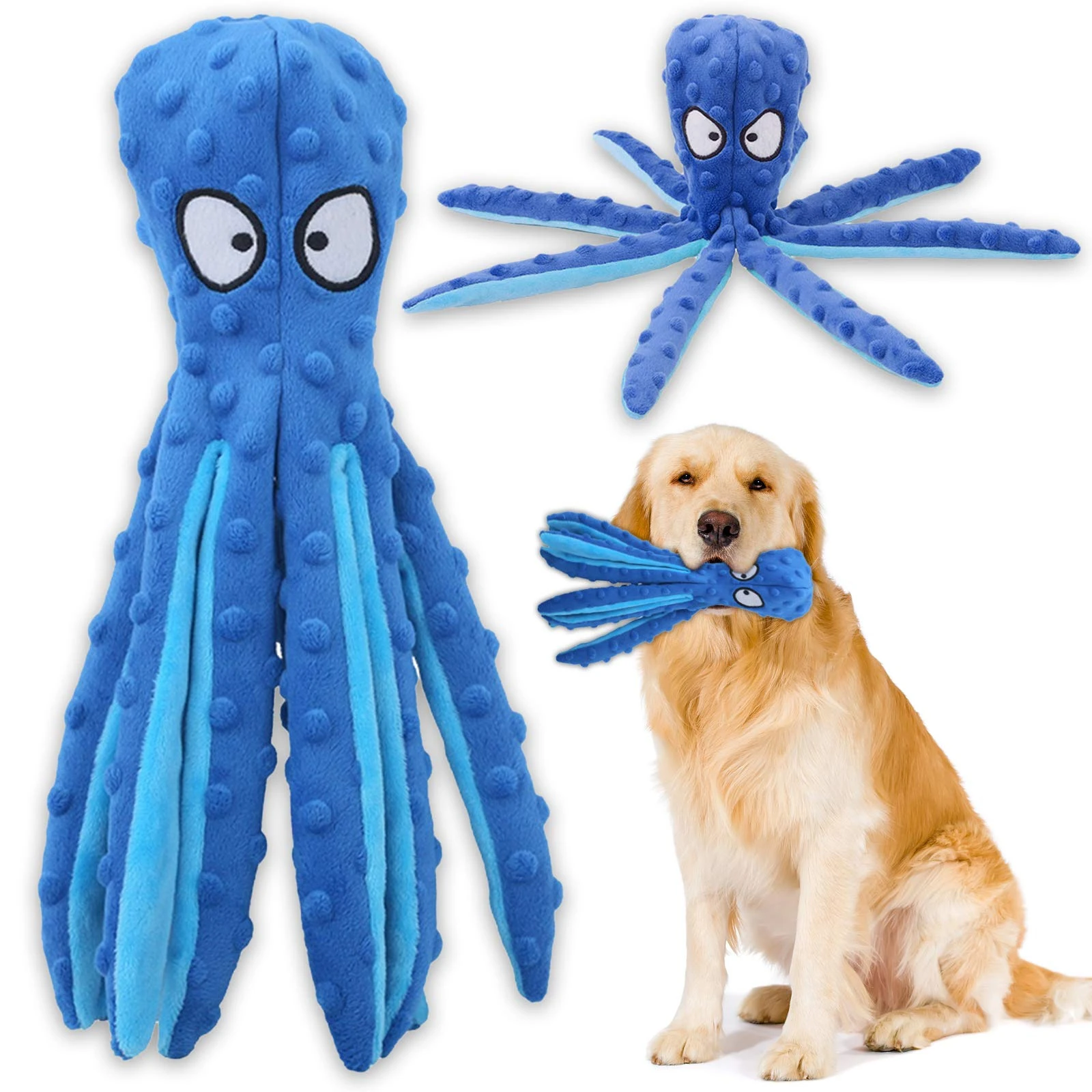Squeaky Dog Interactive Play Toy,No Stuffing Octopus Dogs Chew Toy with Crinkle Paper for Medium and Large Dogs Playing