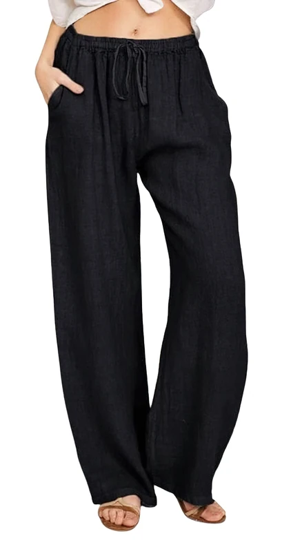 CHARTOU Women's Summer Drawstring Waist Wide Leg Loose Cotton Linen Palazzo Pants, Black, XL