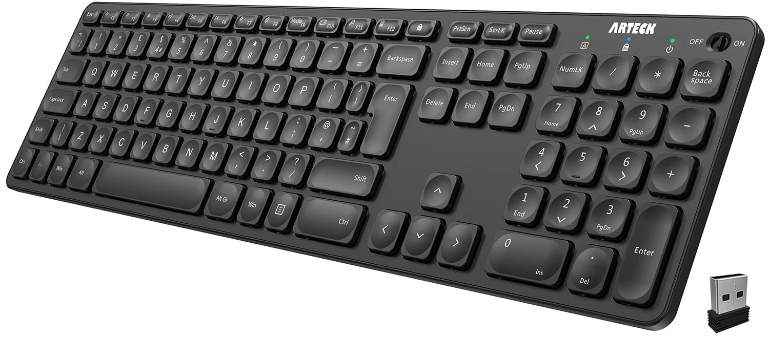 Arteck 2.4G Wireless Keyboard Ultra Slim Full Size Keyboard with Numeric Keypad and Media Hotkey for Computer/Desktop/PC/Laptop/Surface/Smart TV and Windows 10/8/ 7 Built-in Rechargeable Battery