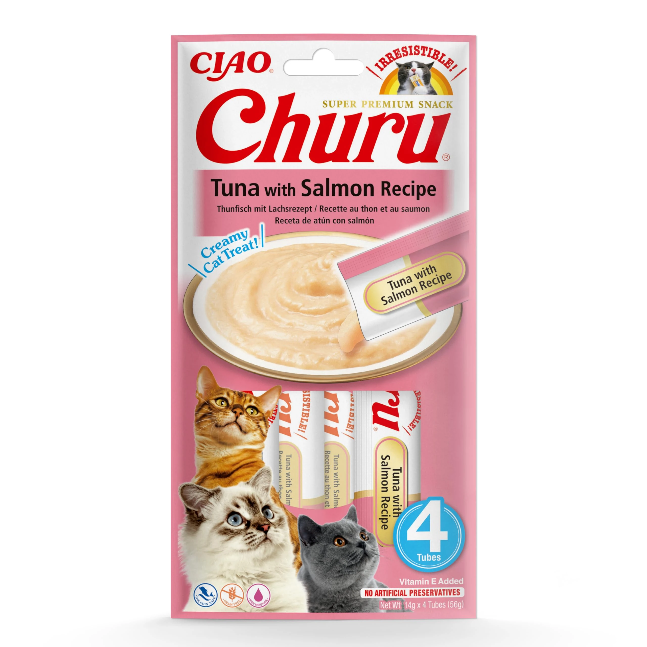 Ciao Churu Sticks by INABA Cat Treat - Tuna & Salmon Flavour (4 x 14g) / Soft & Creamy Cat Treat, Delicious & Healthy Snack, Squeezable Purée Food Topper, Pill Assist, Natural, Grain Free