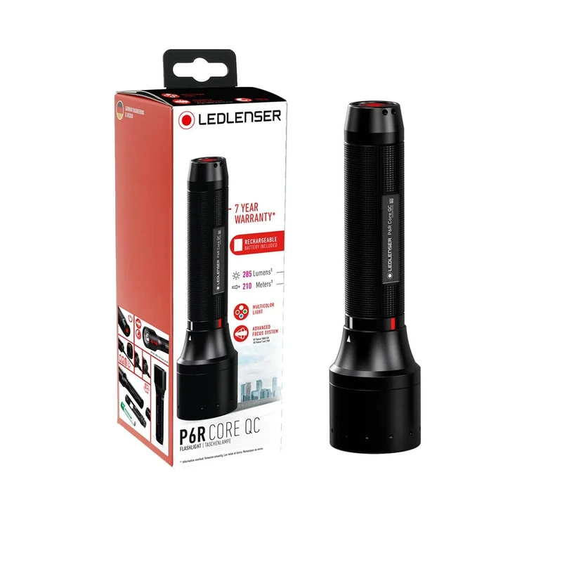 Ledlenser P6R Core QC | 2020 | LED Rechargeable Torch, White, Red, Green, Blue Light Modes, 270lm, Up to 110h Battery, Strobe, Focusable 335m Beam, IP54, Camping, Hiking, Fishing, Hunting, Emergency