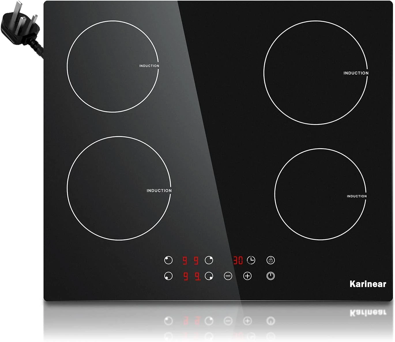 Karinear Plug in Induction Hob, 4 Zones Electric Hob 60cm, with Touch Control 9 Power Level & Child Safety Lock, Timer, Black Crystal Glass