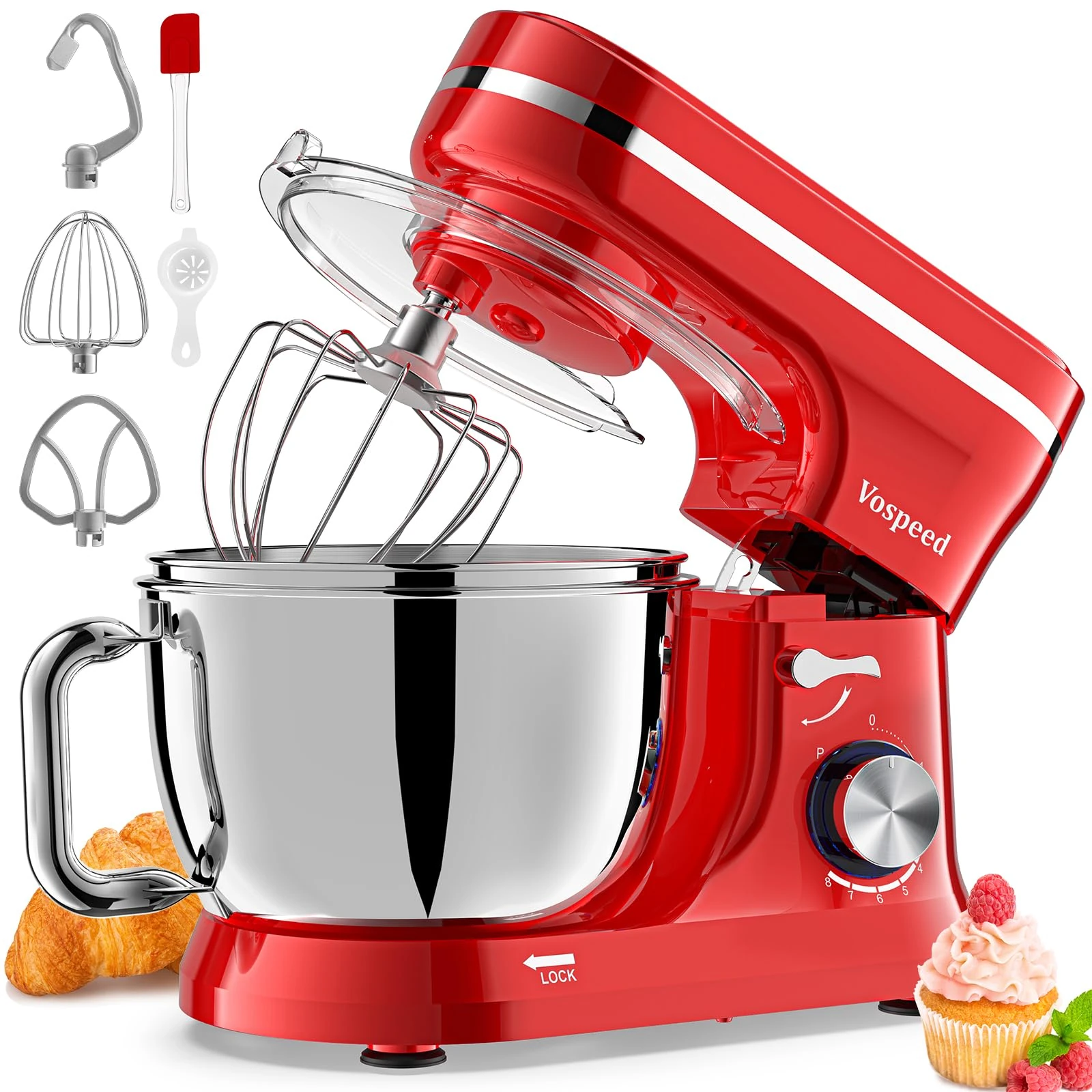 Vospeed Stand Mixer, 4.5L+5L Bowls 8-speed 1000W Tilt-Head Food Mixer, Kitchen Electric Mixer with Dough Hook, Whisk, Beater, Splash Guard (Red)