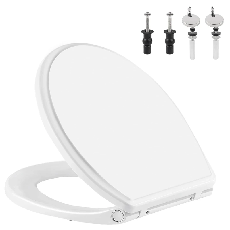 iFealClear Round Toilet Seat with Cover, Quiet-Close Seat, Quick-Release Hinges for Easy Removable and Cleaning, Non-Slip Bumpers, and Fits with 2 Stainless Steel Bases, Round, White
