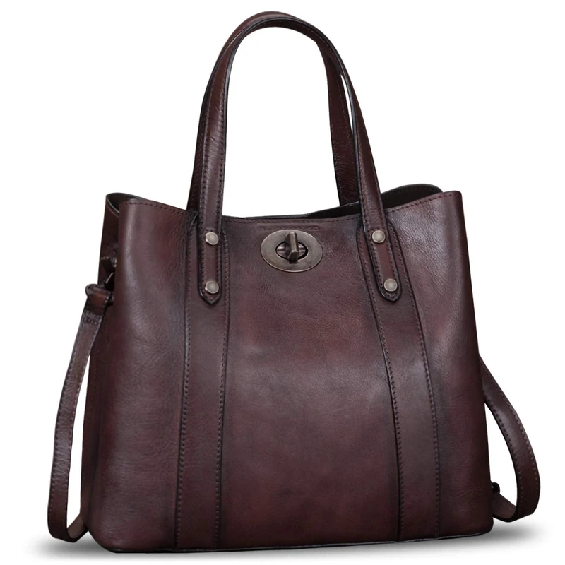 LRTO Genuine Leather Handbags for Women Satchel Purses Vintage Handmade Shoulder Bag Cowhide Top Handle Handbag Totes brown Size: M