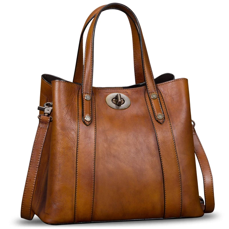 LRTO Genuine Leather Handbags for Women Satchel Purses Vintage Handmade Shoulder Bag Cowhide Top Handle Handbag Totes brown Size: M