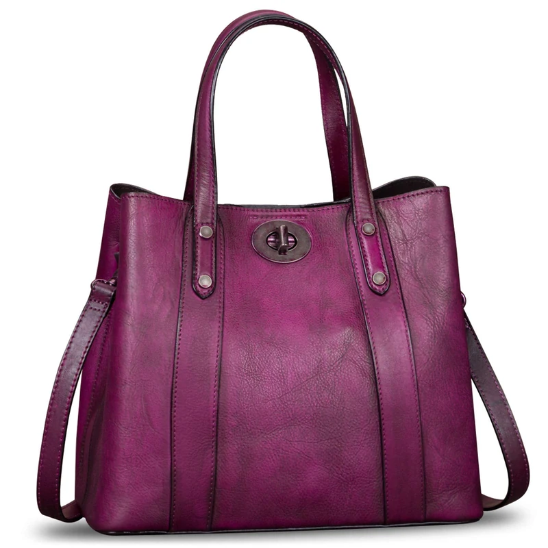 LRTO Genuine Leather Handbags for Women Satchel Purses Vintage Handmade Shoulder Bag Cowhide Top Handle Handbag Totes purple Size: M