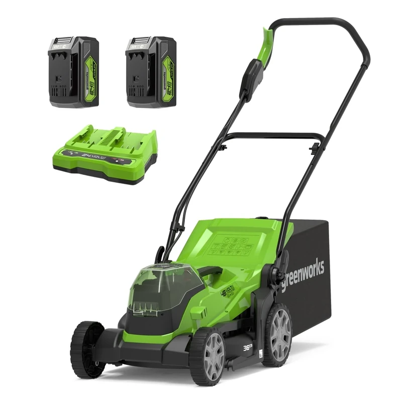 Greenworks 48V (24V x 2) Cordless Lawnmower for Lawns up to 420m², 36cm Cutting Width, 40L Bag PLUS Two of 4Ah Batteries & Twin Charger, 3 Year Guarantee,G24X2LM36K4X