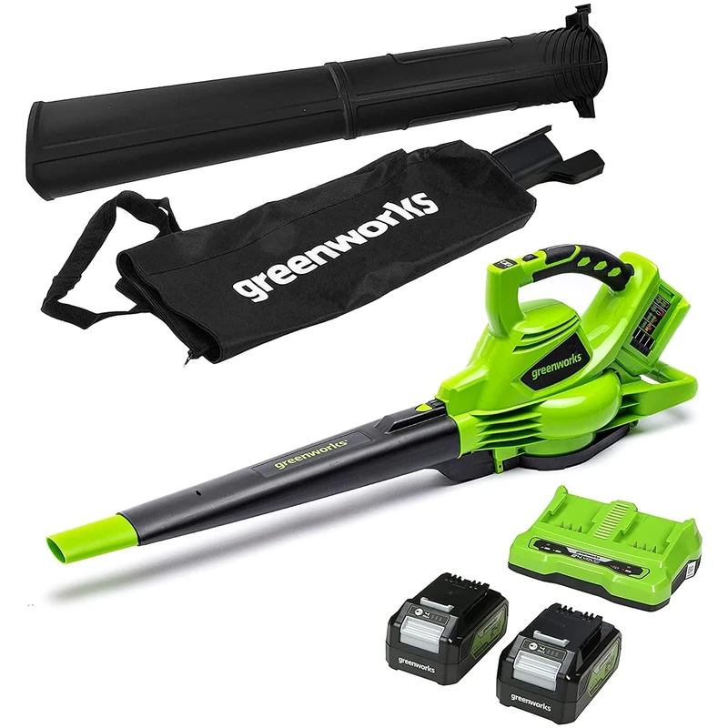 Greenworks 48V(24V x 2) Cordless Leaf Blower and Vacuum with 45L Mulching Bag & Shoulder Strap, 322km/h ,9m³/min, Two 24V 4Ah Batteries & double Charger, 3 Year Guarantee GD24X2BVK4X