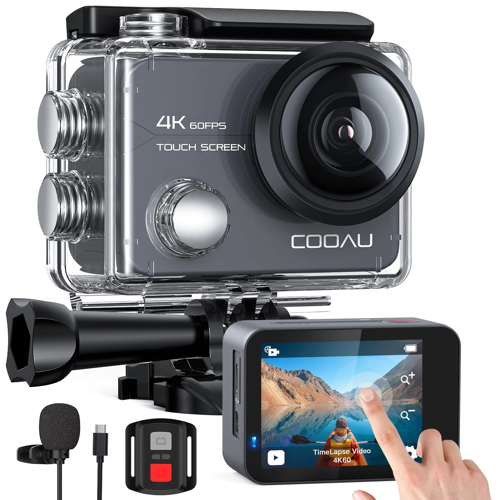 COOAU Action Cam HD 4K 64MP WiFi EIS Stabilization with External Microphone Underwater Camera 40M with Remote Control Waterproof Video Camera 170° Wide Angle Time Lapse/2 Batteries (Gray)
