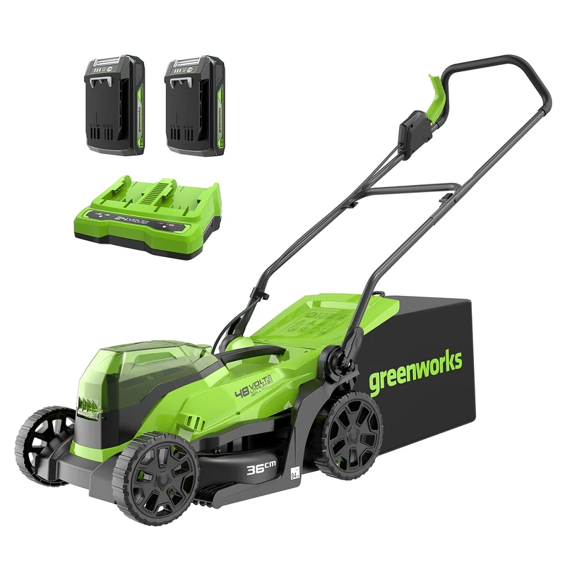 Greenworks 48V (24V x 2) Cordless Lawnmower for Lawns up to 200m², 36cm Cutting Width, 40L Grass Catcher with 2x2Ah Battery and Dual Slot Charger. 3 Year Guarantee, GD24X2LM36K2x