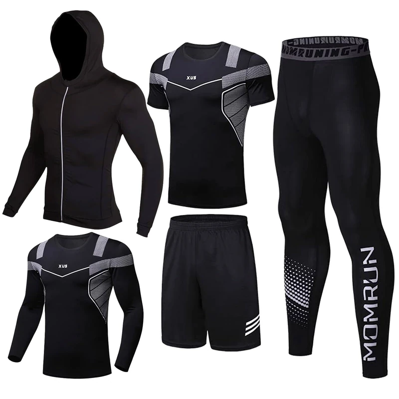BOOMCOOL 5Pcs Gym Clothes Men Tracksuit Sets Running Wear Compression Shirts Sleeve Tops Jackets Long Suits Leggings Shorts Sports Activewear for Athletic Workouts-3XL