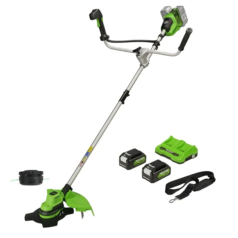 Greenworks 48V (24V x 2) Cordless Brushcutter with Grass Trimmer, 38cm Cutting Width, Bike Handle, 5.95kg Easy to use, 25cm Blade, Two of 24V 4Ah Batteries & Charger, 3 Year Guarantee