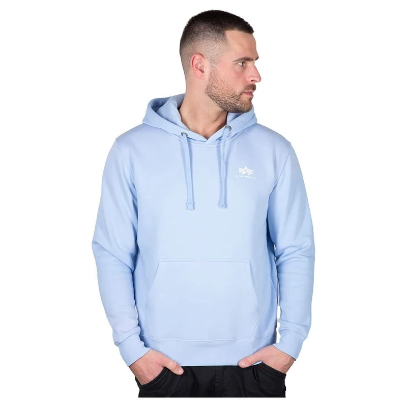 Alpha Industries Men's Basic Small Logo Hoodie Hooded Sweatshirt, Light Blue, L