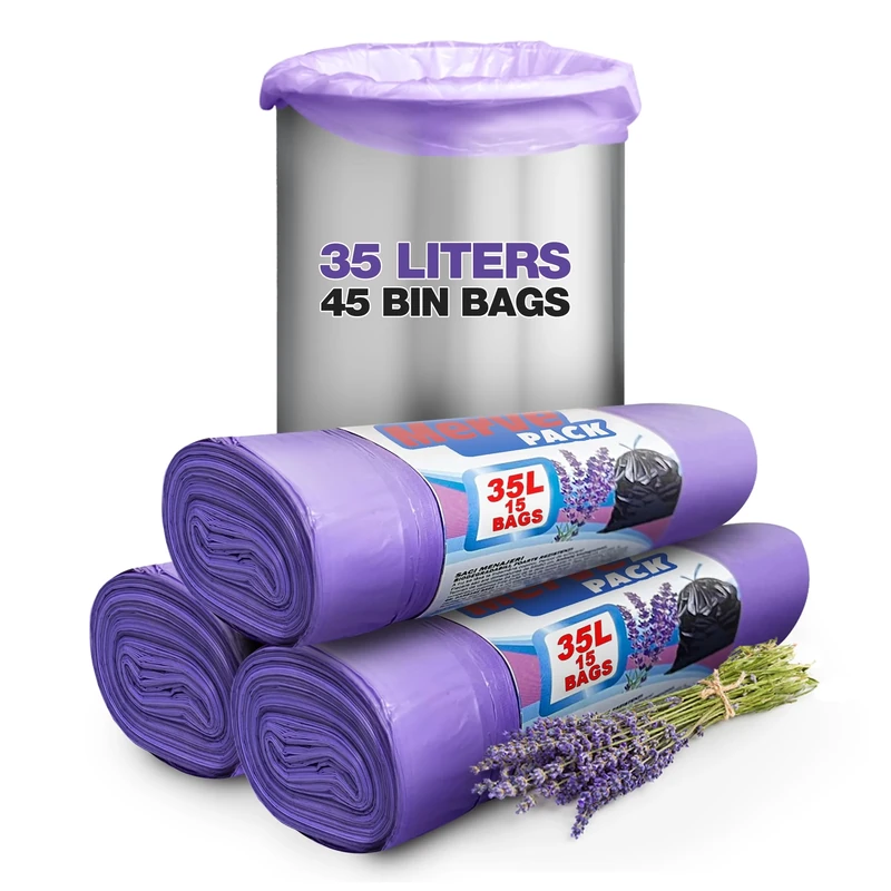 35L Lavender Scented Bin Bags with Drawstrings, 45 Count – Kitchen and Bathroom Bin Liners for Home Use – Scented Bin Bags Keep Your Bin Fresh and Odor-Free, Ideal Trash Bags and Garbage Bags