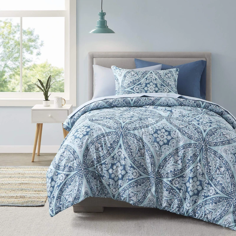 Comfort Spaces Cozy Comforter with Complete Sheet Set with Side Pocket, All Season Cover, Matching Shams, Microfiber, Gloria, Damask Blue, Twin XL