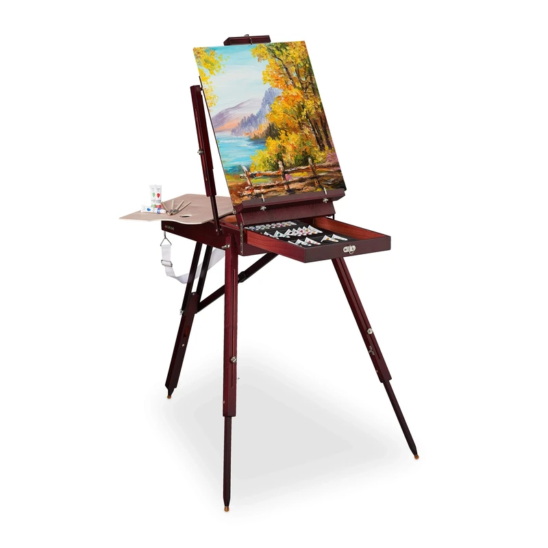 Relaxdays Portable Easel, Artist Luggage, Brush Set, Mixing Palette, Canvas, Water & Oil and Acrylic Painting, Brown, Wood, 180 x 100 x 70 cm