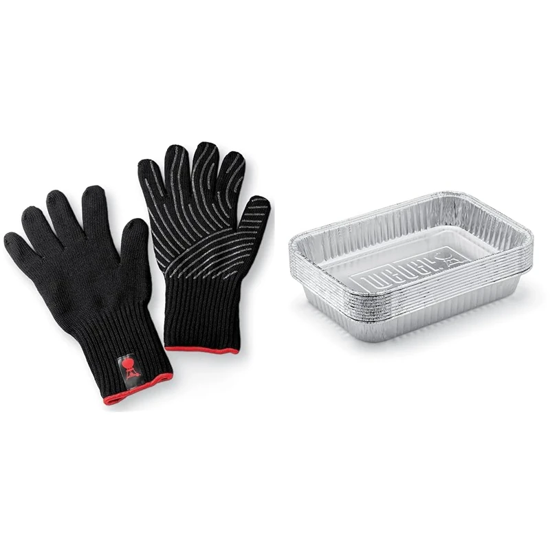 Weber Premium Gloves, Size L/XL, black, heat resistant & Drip Pans 10-Piece, Small