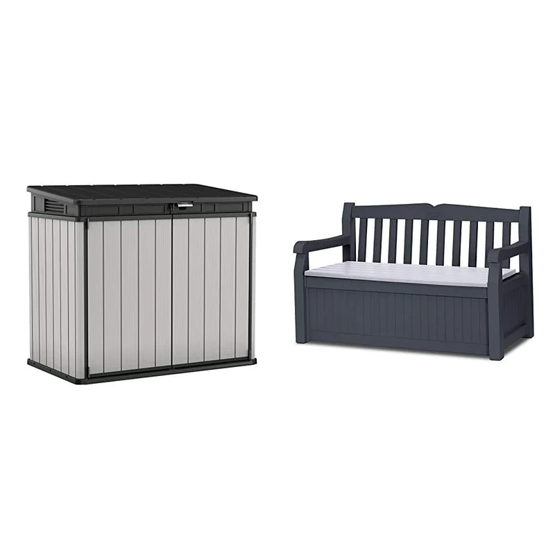 Keter Store It Out Premier XL Outdoor Plastic Garden Storage Shed, Grey and Black, 141 x 82 x 123.5 cm & Eden Bench Outdoor Storage Box Garden Furniture, Graphite and Grey, 132.5L x 75W x 18.5H cm