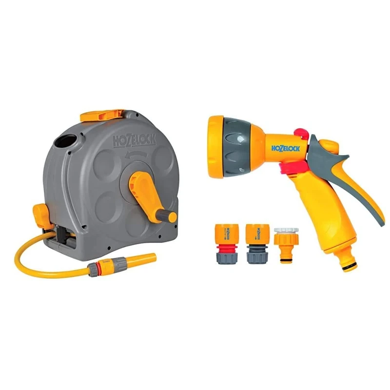 Hozelock Compact 2in1 Reel with 25m Hose & Multi Spray Watering Gun Starter Set