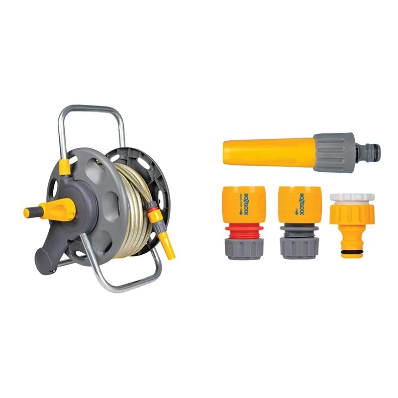 Hozelock 60m Hose Reel which comes with 25m of Select hose; can be attached to the wall or used free standing & Hozelock 2352 Hose Fitting Starter Set