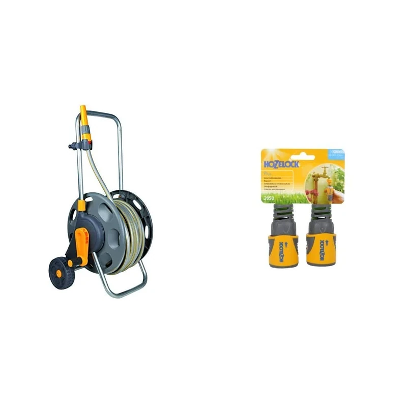 Hozelock 60m Assembled Hose Cart with 50m Hose & HOZ2050AV Hose End Connector PLUS (12.5mm & 15mm) Twin Pack