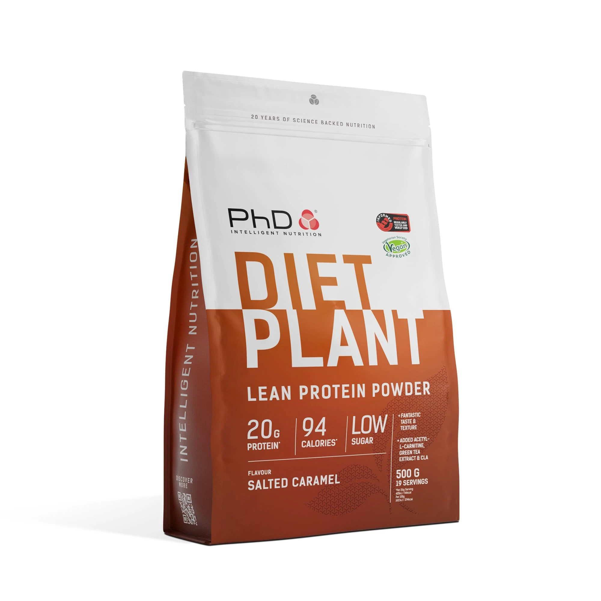PhD Nutrition Diet Plant, Vegan Protein Powder Plant Based, Salted Caramel, High Plant Protein, 19 Servings Per 500g Bag