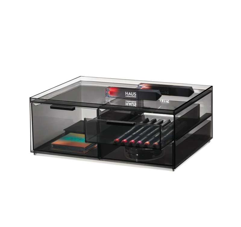 iDesign 3-Drawer Makeup Box from the Signature Series by Sarah Tanno, Wide RPET Makeup Organiser Storage, Makeup Storage, Smoke/Matte Black, 30.45/20.32/11.43