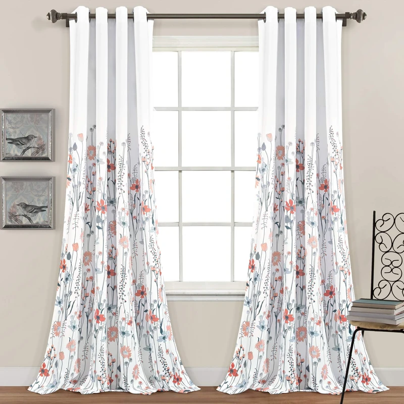 Lush Decor Clarissa Floral Light Filtering Window Curtain Panel Pair, 84" L x 52" W, Blue & Coral