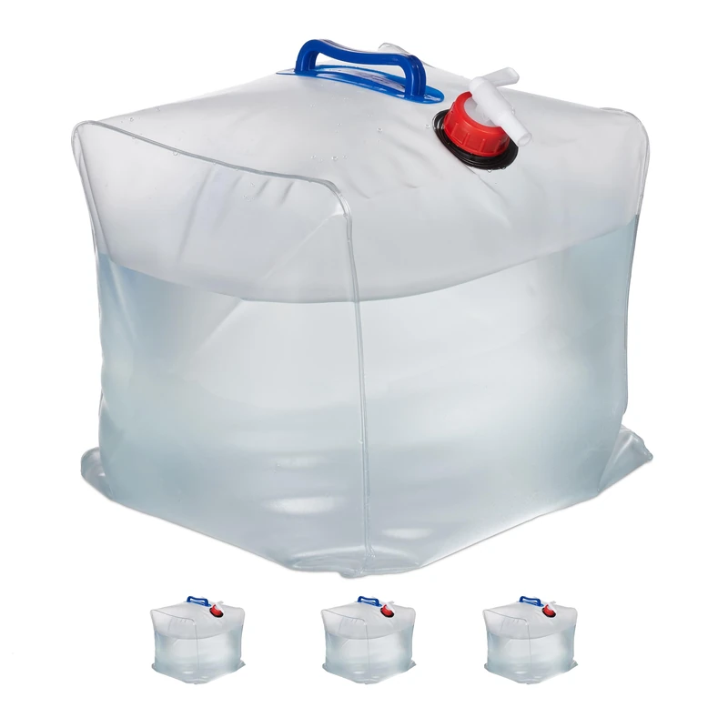 Relaxdays Folding Water Canisters, Set of 4, 20 L, with Tap & Handles, BPA-Free Plastic, Camping Container, Transparent