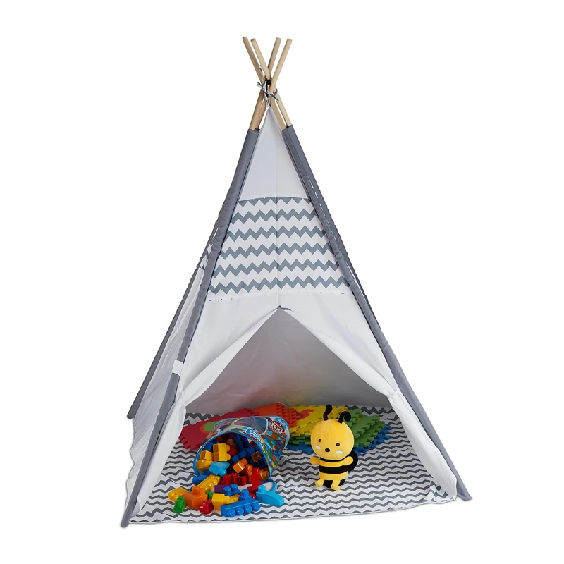 Relaxdays Children's Tipi Tent, with Floor, Wigwam, HWD: 150 x 120 x 120 cm, Indoor, Wooden Frame, Playroom, White/Grey
