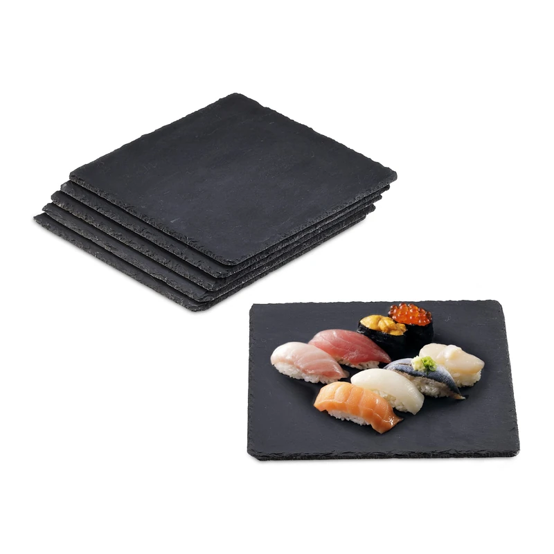 Relaxdays Slate Plates, Set of 6, Square Serving Platters, 25 x 25 cm, Cheese Board, for Sushi & Desserts, Dark Grey