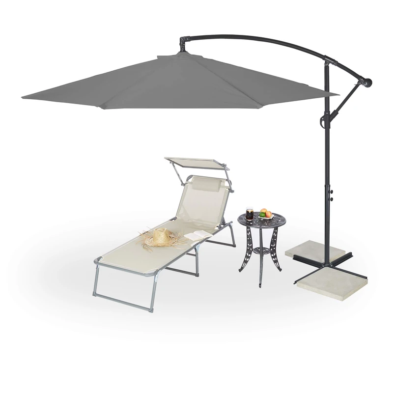 Relaxdays Cantilever Parasol with Crank, Diameter 300 cm, Includes Protective Cover, Swivelling, Sturdy, XXL Parasol with Stand, Grey