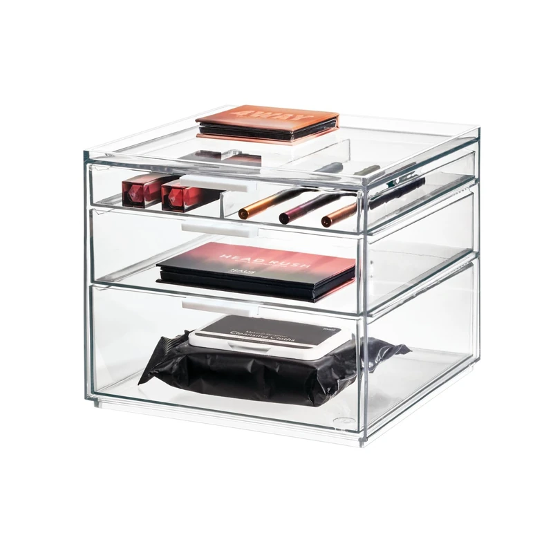 iDesign 3-Drawer Tall Box from the Signature Series by Sarah Tanno, Large Plastic PET Organiser, Makeup Storage, Clear/Matte White, 21 x 20.3 x 17.8 cm